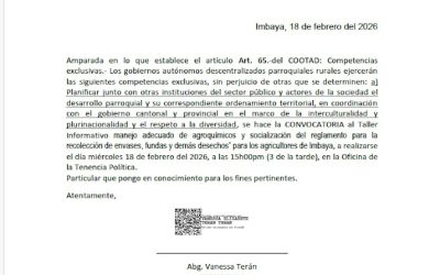 Taller informativo sobre el manejo adecuado de agroquímicos y socialización del reglamento para la recolección de envases, fundas y demás desechos – Dirigido a los agricultores de Imbaya