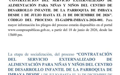 Convocatoria para la Contratación del Servicio Externalizado de Alimentos para niños y niñas del Centro de Desarrollo Infantil Imbaya